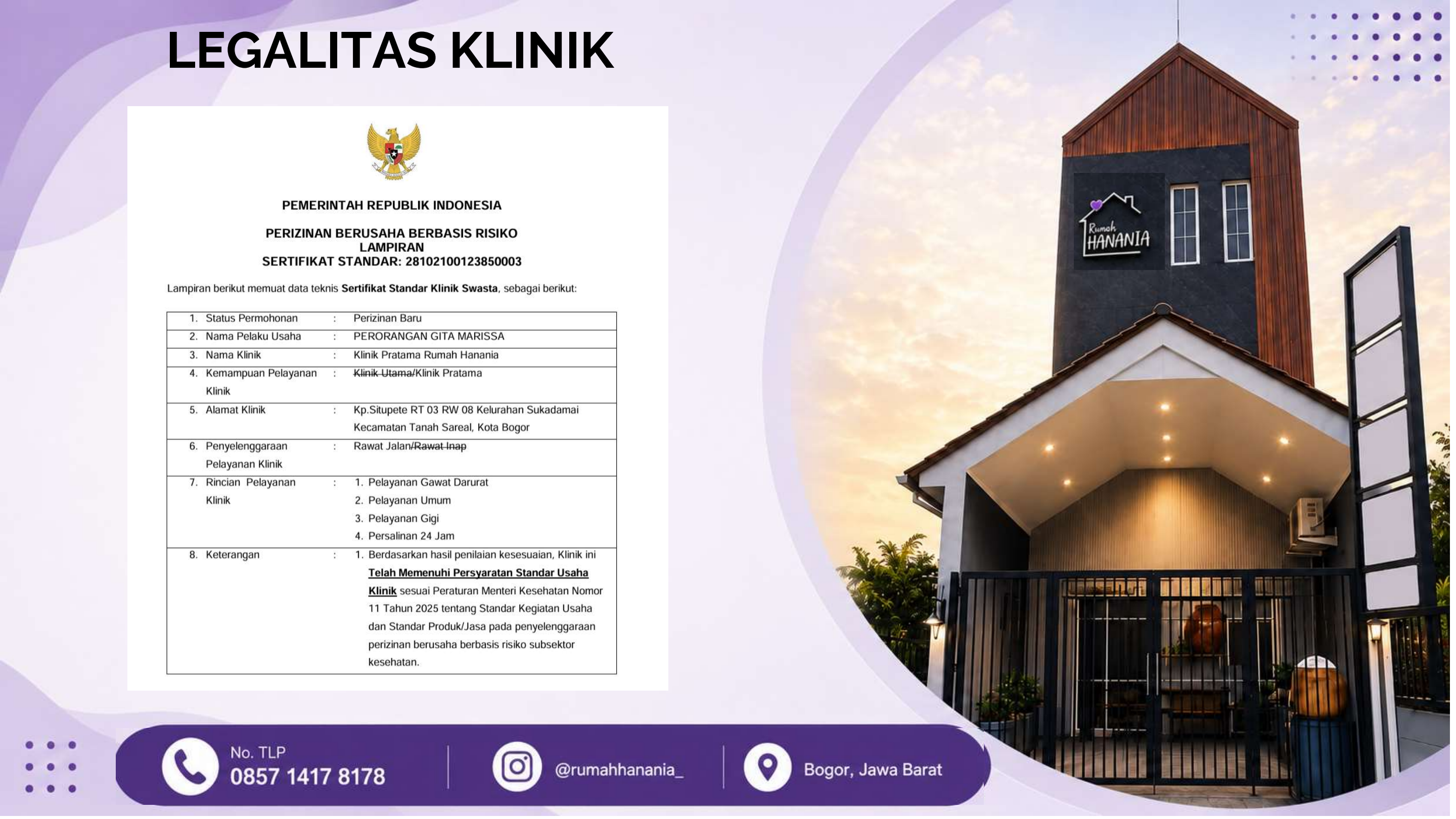 Sertifikat Standar Legalitas Klinik Pratama Rumah Hanania