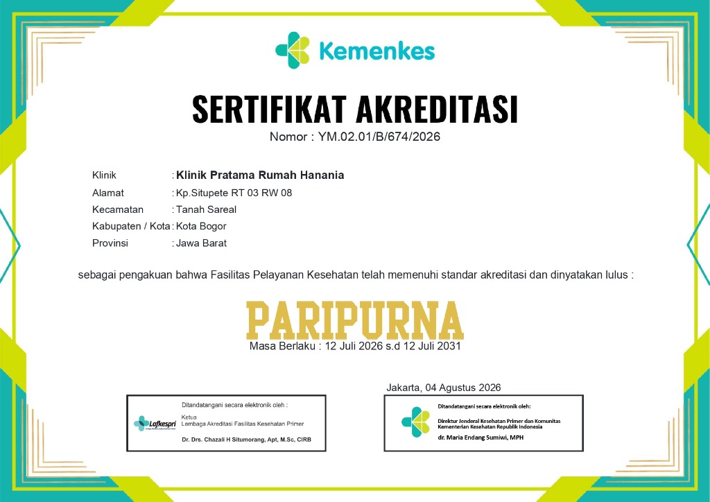 Sertifikat Akreditasi Paripurna Klinik Pratama Rumah Hanania